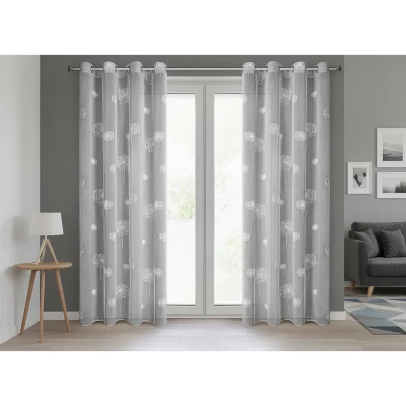 Zlevněný Dekorační vzorovaná záclona s kroužky LEONA šedá potisk pampelišky 140x250 cm (cena za 1 kus) MyBestHome
