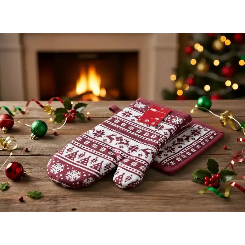 Akční Cena Vánoční kuchyňský set vánoční rukavice/chňapka CHRISTMASSY bílá/vínová 18x30 cm/20X20 cm 100% bavlna Balení 2 kusy - pravá rukavice + chňapka