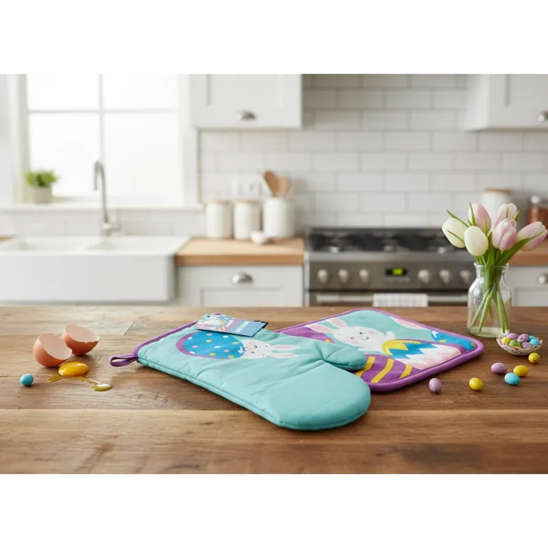 Jen Po Omezenou Doba Kuchyňský SET rukavice/chňapka SWEET EASTER tyrkysová 18x30 cm/20X20 cm , 100% bavlna Balení 2 kusy - pravá rukavice + chňapka