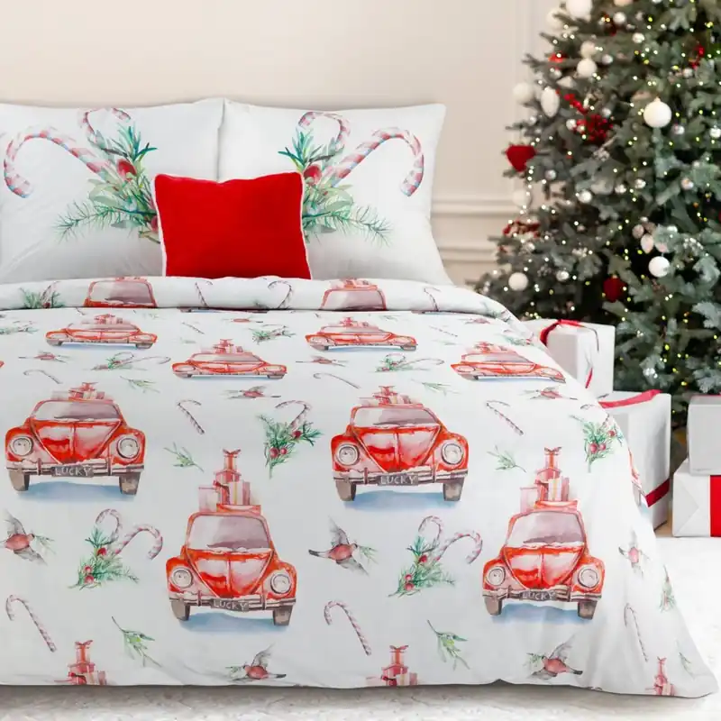 Akční Cena Vánoční mikrovláknové povlečení XMAS CARS 1x 220x200 cm, 2x povlak 70x80 cm francouzské povlečení MyBestHome
