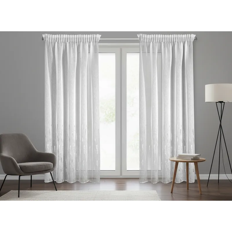 Akce Dekorační vzorovaná záclona režného vzhledu s řasící páskou JUDY bílá stříbrný potisk 140x270 cm (cena za 1 kus) MyBestHome