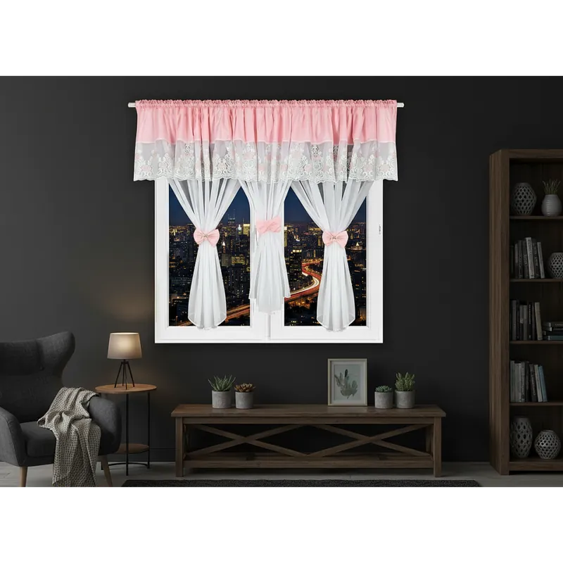 Akční Cena Dekorační krátká záclona s ozdobnou lambrekýnou s krajkou s řasící páskou FRANCIS bílá/růžová 400x150 cm MyBestHome
