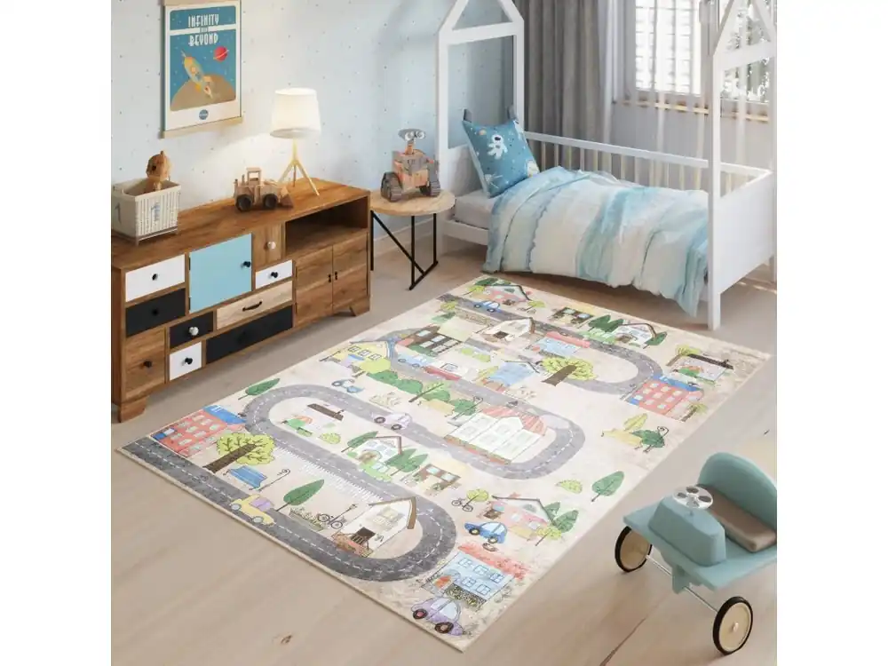 Autentický Dětský koberec Emma Kids - cestička a městečko - béžový