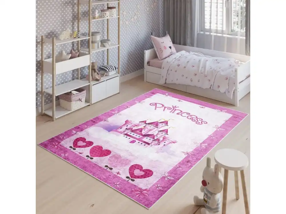 Speciální Cena Dětský koberec Emma Kids - hrad a srdíčka - růžový