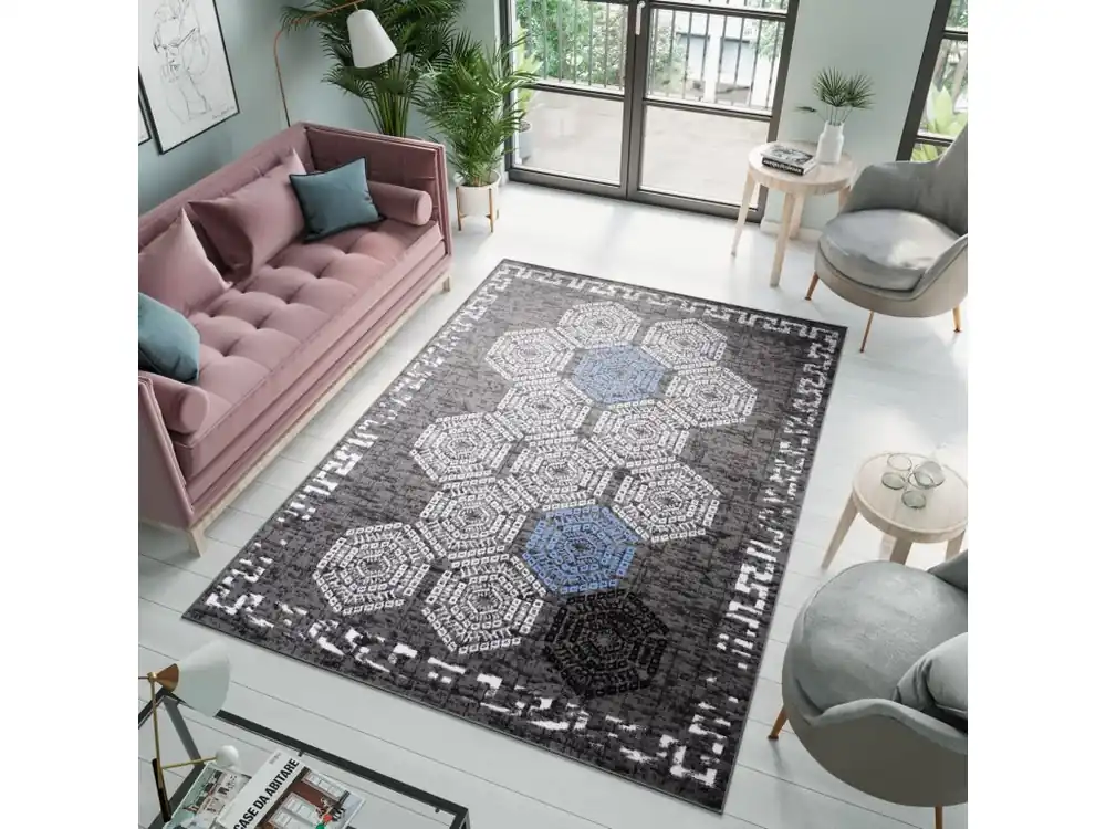 Moderní koberec Atena - geometrické tvary 5 - šedý/modrý Víkendová Akce