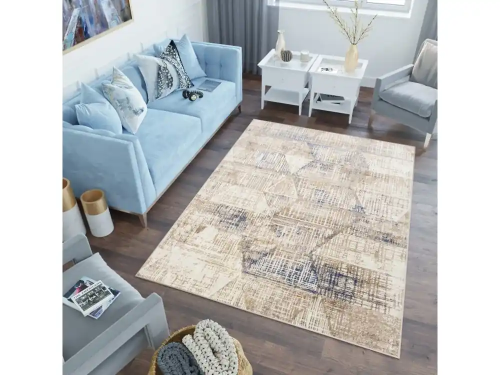 Moderní koberec Asthane - trojúhelníky 1 - béžový/tmavě modrý Značkový