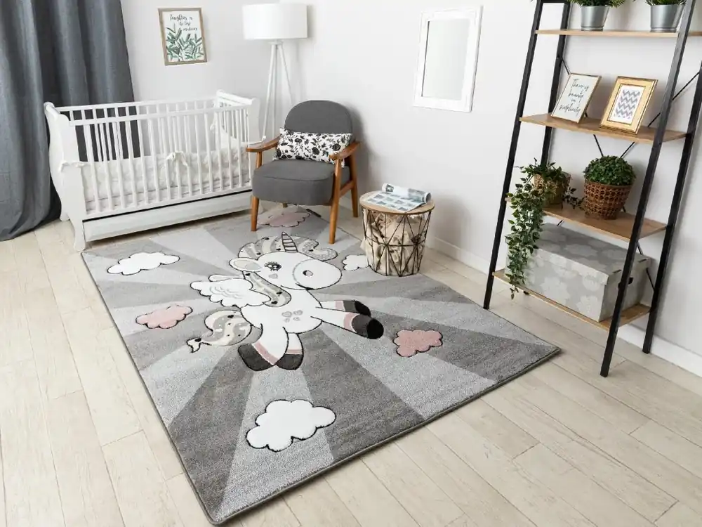 Krásný dětský koberec Kinder - jednorožec - šedý Akční Cena