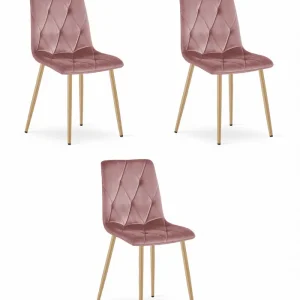 Set tří jídelních židlí LIBRA sametové růžové / dřevěné nohy (3 ks) Cenově Výhodný