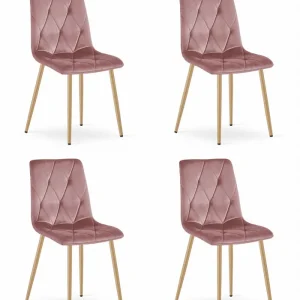 Ověřený Set čtyř jídelních židlí LIBRA sametové růžové / dřevěné nohy (4 ks)